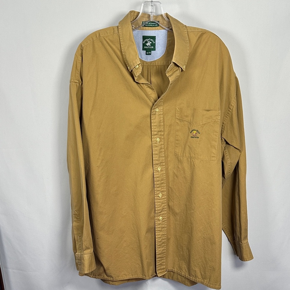 Beverly Hills Polo Club Button-Up Shirt Men’s XL Tan Logo Pocket Cotton